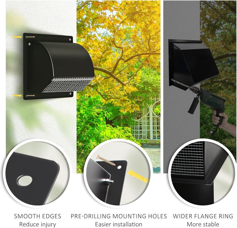 Sidasu 4 Inch Steel Hooded Wall Vent with Screen,Arc-Shaped Wall Vent for Ventilation and Exhaust,Suit for Residential Housing and Industrial Facilities,Black - Image 2